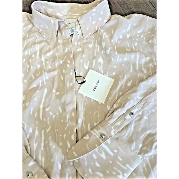 Calvin Klein Womens Flowing Printed Relaxed Fit Button-Front Shirt Cream White L - Picture 7 of 8